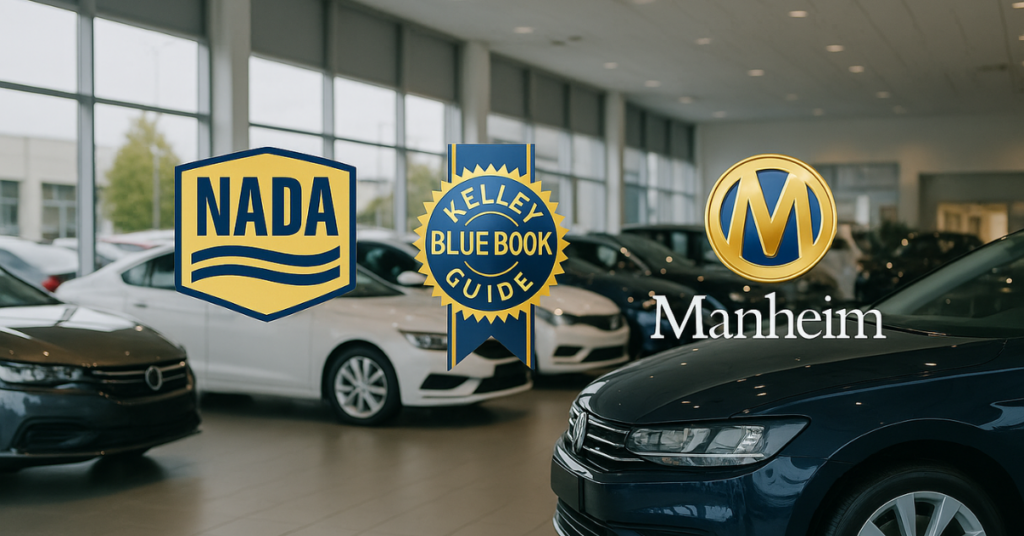Side-by-side comparison of NADA, KBB, and Manheim 2025 appraisal values on a dealer software dashboard